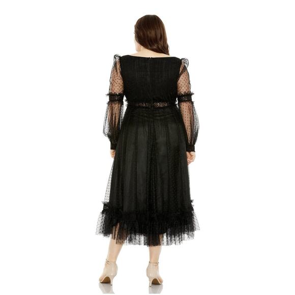 Mac Duggal 68567 Black Sheer Swiss Dot Long Sleeve V Neck Dress Size 12 NWT - Picture 4 of 9